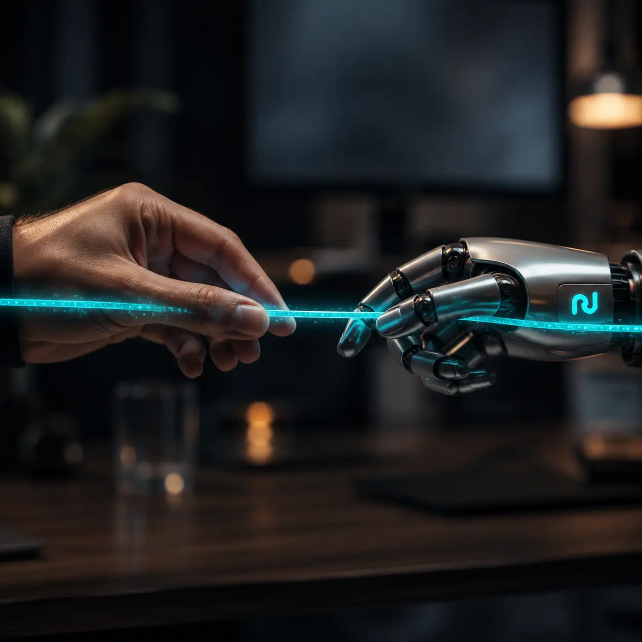 Una mano y un brazo robótico pasándose un testigo de luz: el relevo entre el bot y una persona